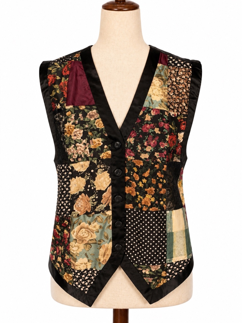 Vintage Whistles Black Silk waistcoat vest with Multicolor 'Colours' Label- M